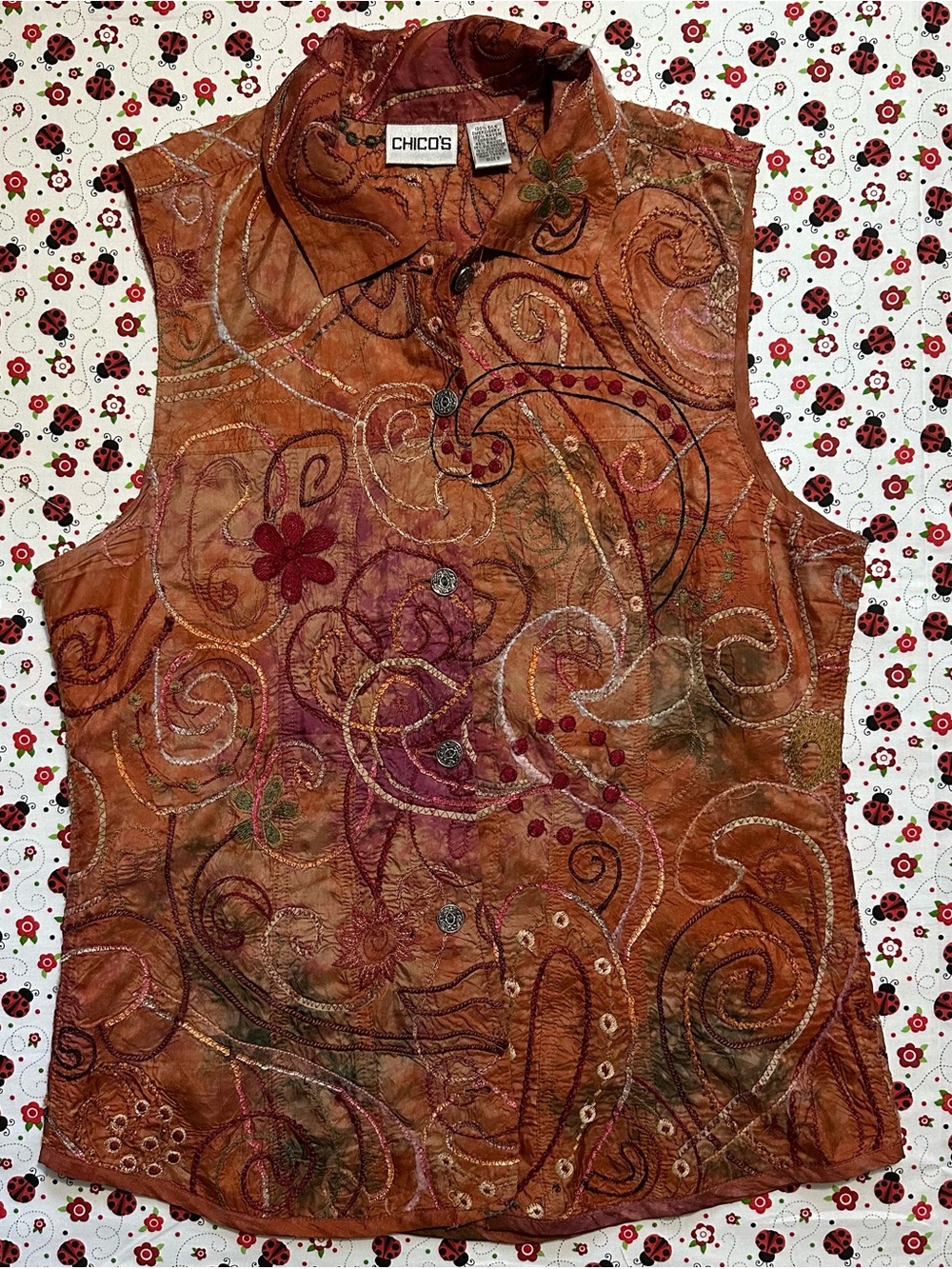 Chico’s Embroidered 100% Silk Vest Blouse Orange Boho Women 0